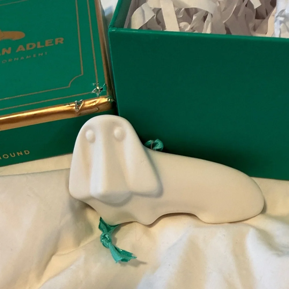 Jonathan Adler White Porcelain Hound Dog Ornament with Teal Gift Box and Ribbon